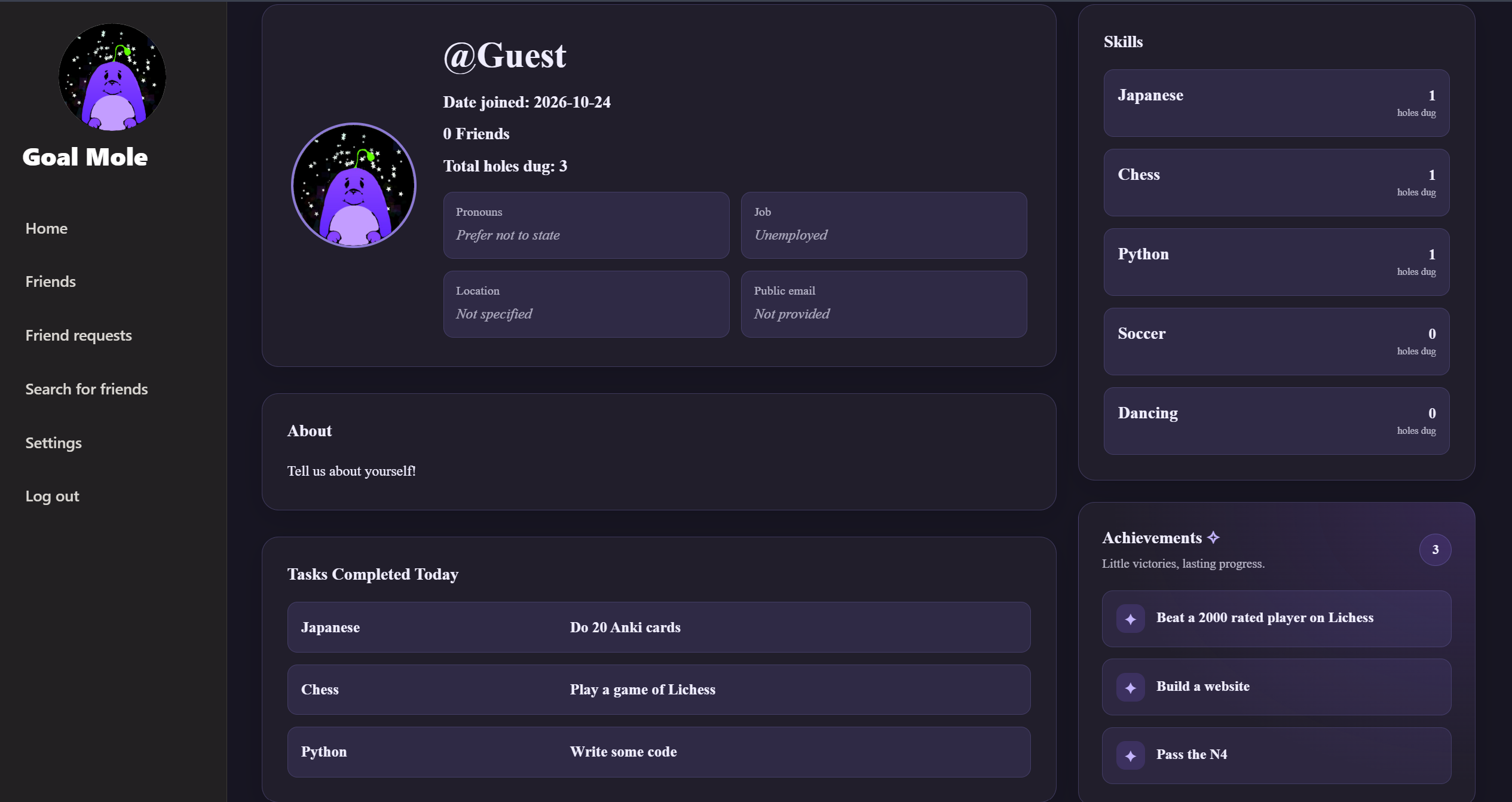 Preview of a Goal Mole user profile